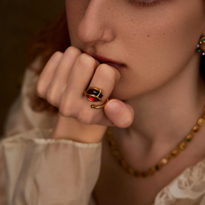   beautiful woman wearing 18k Yellow Gold Vermeil+Copper+Cubic Zirconia ring