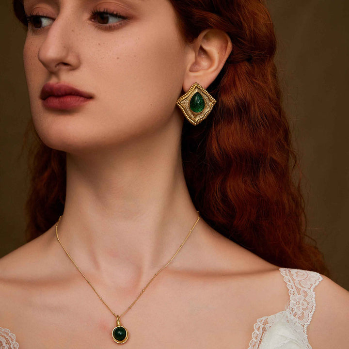 beautiful woman wearing Abundance green gem earringsAbundance green gem earrings-Shesamore jewelry-earrings-Kaleidoscopic-Gemstones-Gold Vermeil-Cubic Zirconia