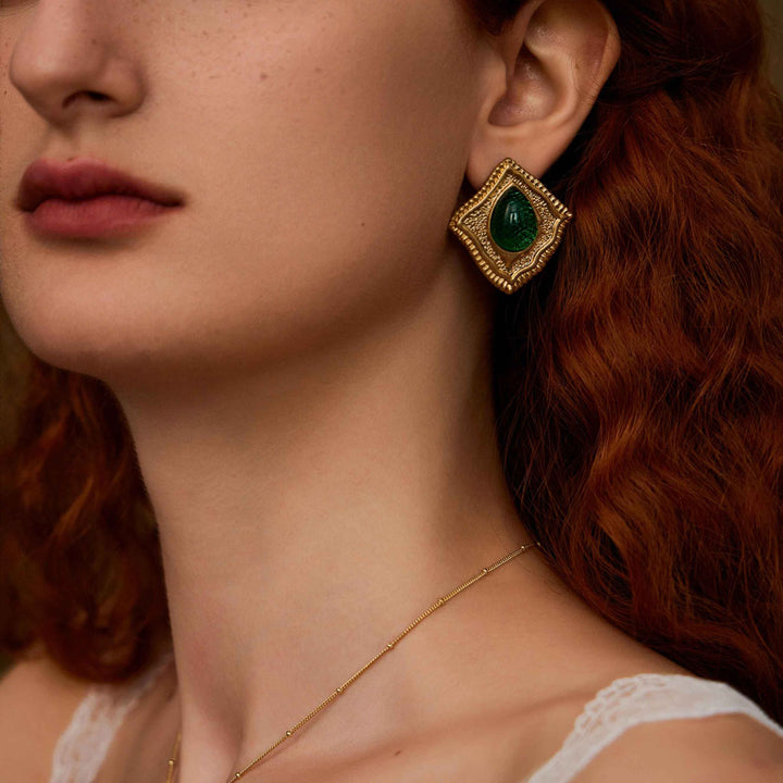 beautiful woman wearing Abundance green gem earringsAbundance green gem earrings-Shesamore jewelry-earrings-Kaleidoscopic-Gemstones-Gold Vermeil-Cubic Zirconia