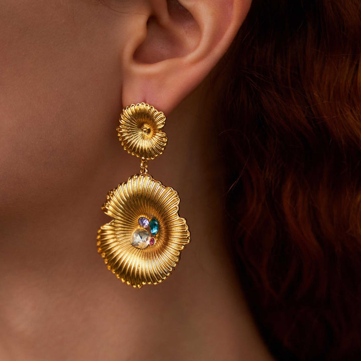 beautiful-wonman-Blooms of Paradise stone earrings-Gemstones-Cubic Zirconia-Gold Vermeil-Kaleidoscopic-Shesamore-jewelry  