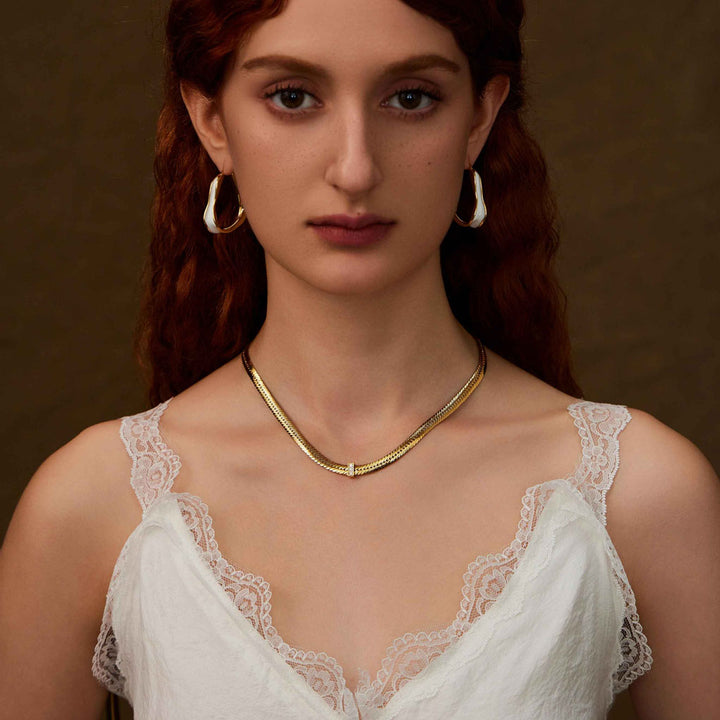 beautiful woman wearing Elf's Wings irregular circle earrings-Copper+18k Yellow Gold Vermeil -Shesamore jewelry