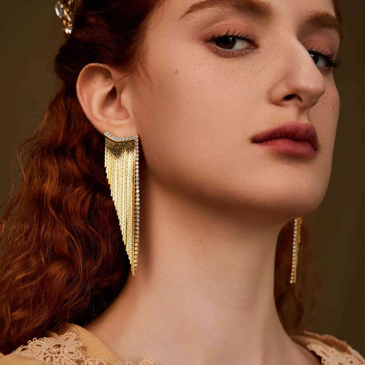 beautiful woman wearing Flames golden tassel diamond earrings-Gold Vermeil-Yellow Gold Vermeil+Cubic Zirconi-Shesamore jewelry 