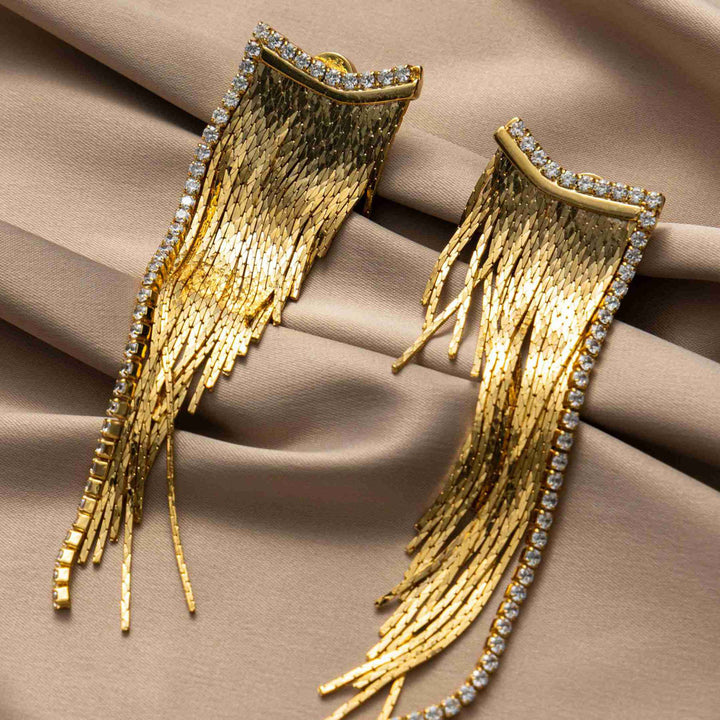 Flames golden tassel diamond earrings-Gold Vermeil-Yellow Gold Vermeil+Cubic Zirconi-Shesamore jewelry 