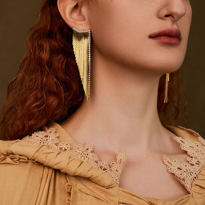 beautiful woman wearing Flames golden tassel diamond earrings-Gold Vermeil-Yellow Gold Vermeil+Cubic Zirconi-Shesamore jewelry 