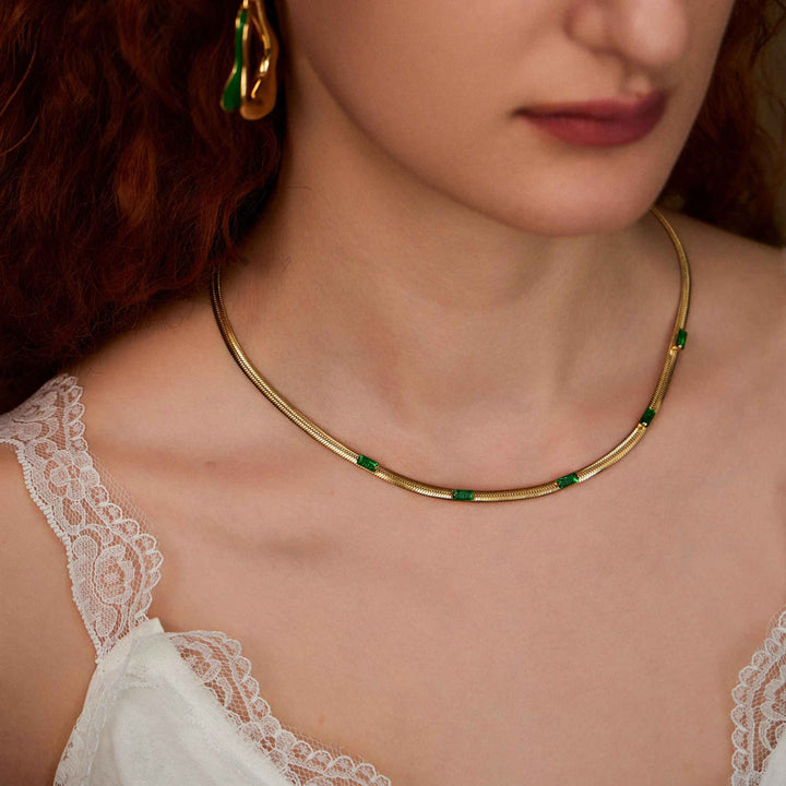 man wearing  beautiful woman wearing Flow of the Heart herringbone chain-18k Yellow Gold Vermeil+Cubic Zirconia-Gemstones