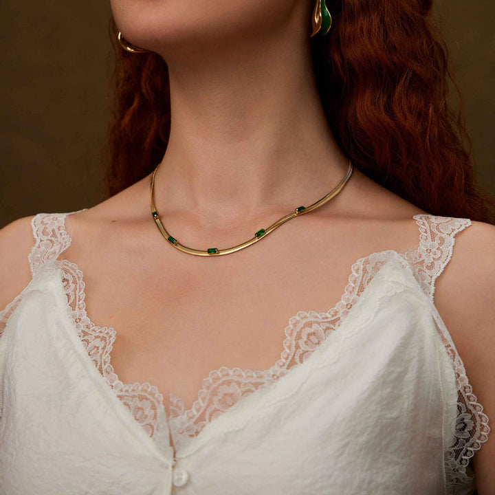 man wearing  beautiful woman wearing Flow of the Heart herringbone chain-18k Yellow Gold Vermeil+Cubic Zirconia-Gemstones