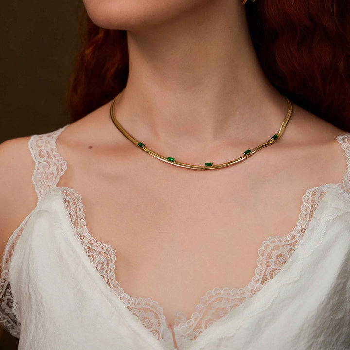 man wearing  beautiful woman wearing Flow of the Heart herringbone chain-18k Yellow Gold Vermeil+Cubic Zirconia-Gemstones