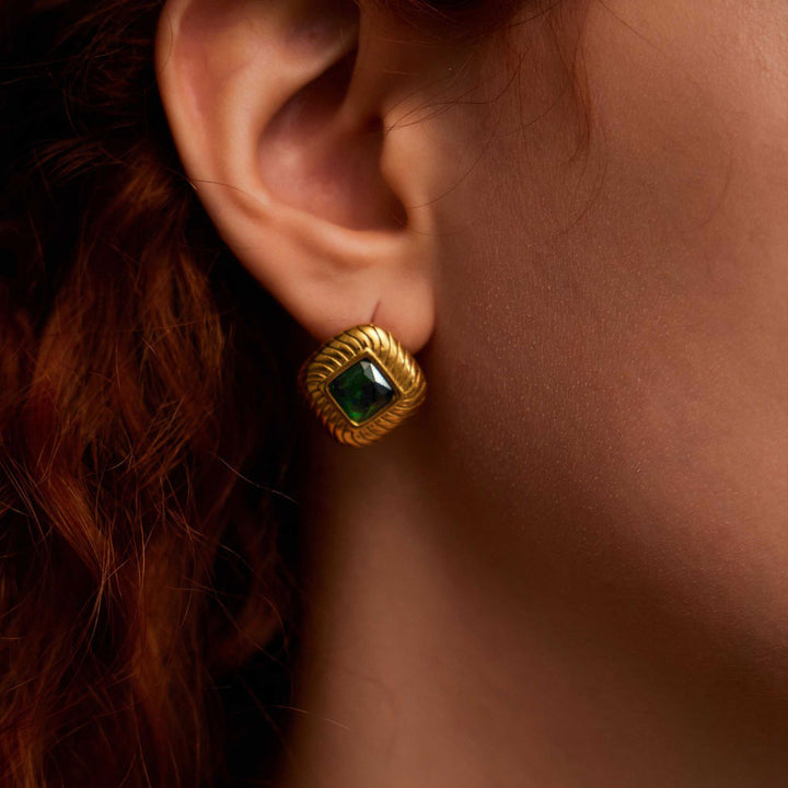 beautiful woman wearing Gleaming Gemstones earrings-Yellow Gold Vermeil+Cubic Zirconia+Glass Gem-Shesamore jewelry