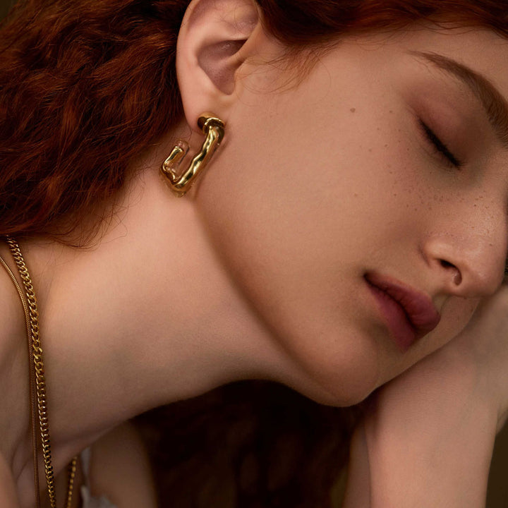   beautiful woman wearing  Glory of Rome resin earrings-Copper+18k Yellow Gold Vermeil+Resin-Shesamore jewelry 