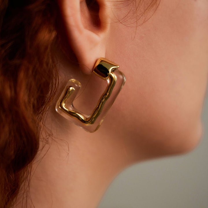   beautiful woman wearing  Glory of Rome resin earrings-Copper+18k Yellow Gold Vermeil+Resin-Shesamore jewelry 