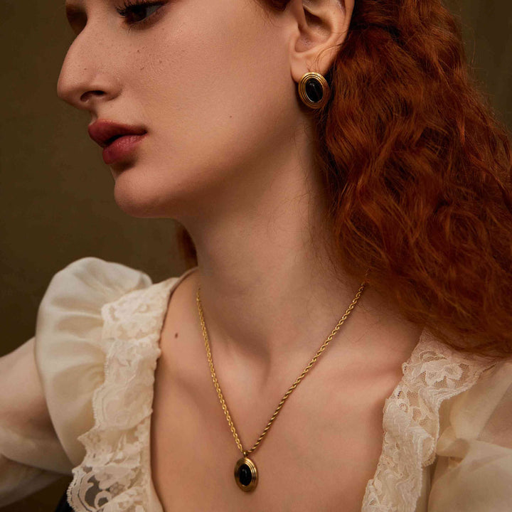  beautiful woman wearing Goddess Nyx stone earrings-18K Yellow Gold Vermeil+Cubic Zirconia+Onyx-Shesamore jewelry 