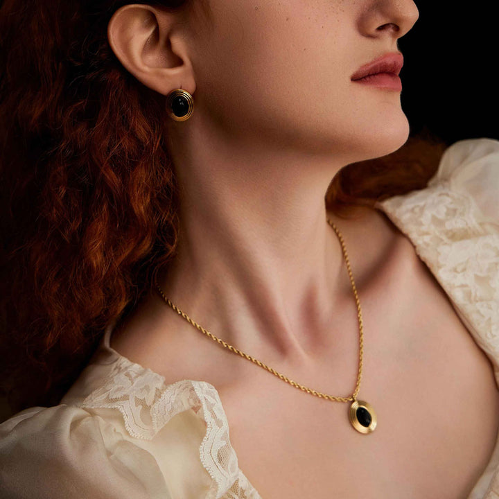  beautiful woman wearing Goddess Nyx stone earrings-18K Yellow Gold Vermeil+Cubic Zirconia+Onyx-Shesamore jewelry 