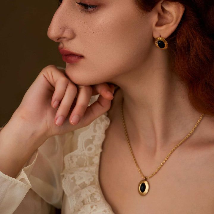  beautiful woman wearing Goddess Nyx stone earrings-18K Yellow Gold Vermeil+Cubic Zirconia+Onyx-Shesamore jewelry 