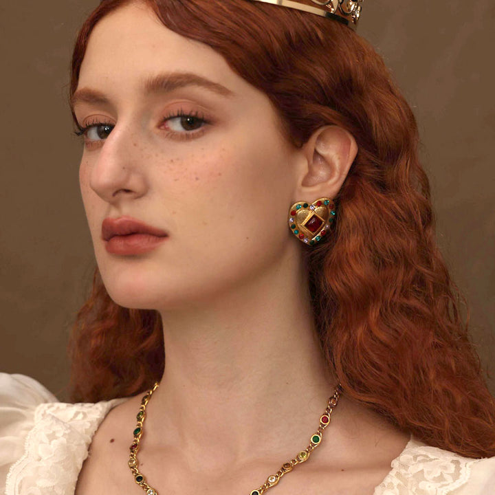 beautiful woman wearing Greek Elegance stone earrings-14k Yellow Gold Vermeil+Cubic Zirconia+Zinc Alloy-Shesamore jewelry