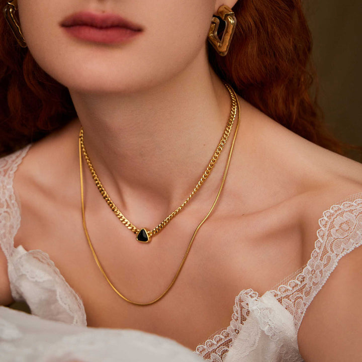 beautiful woman wearing Love Among the Gods gold layered necklace-14k Yellow Gold Vermeil+Stainless Steel+Cubic Zirconia-Shesamore jewelry  