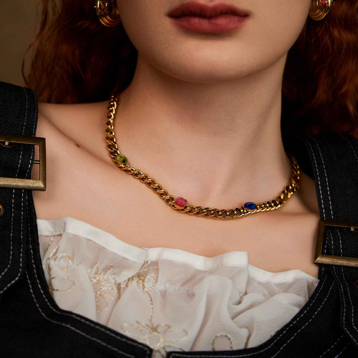 beautiful woman wearing Mystical Greece gemstone necklace-14k Yellow Gold Vermeil+Stainless Steel+Cubic Zirconia- Gemstones-Shesamore jewelry 