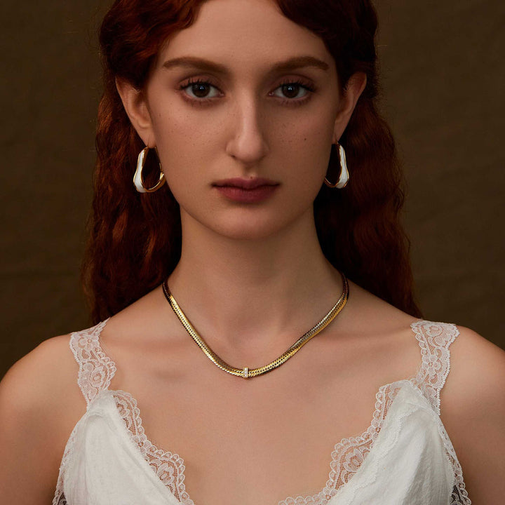 beautiful woman wearing Mystical Guardian gemstone herringbone chain-Gold Vermeil-Copper+18k Yellow Gold Vermeil+Cubic Zirconia-Shesamore jewelry   