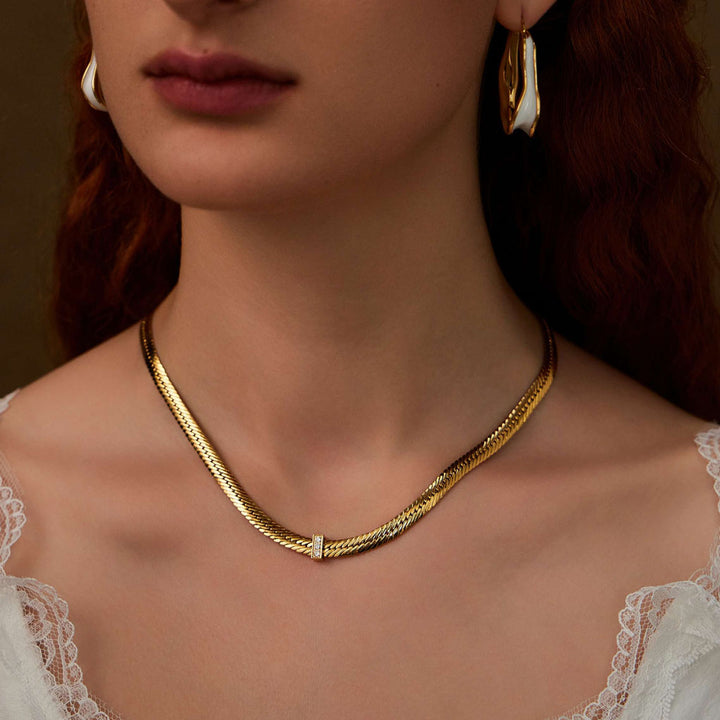 beautiful woman wearing Mystical Guardian gemstone herringbone chain-Gold Vermeil-Copper+18k Yellow Gold Vermeil+Cubic Zirconia-Shesamore jewelry   