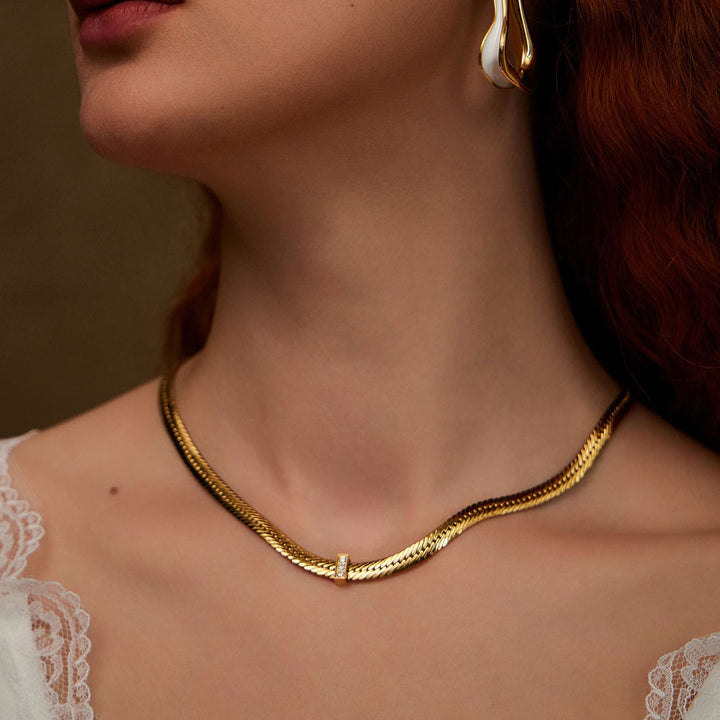 beautiful woman wearing Mystical Guardian gemstone herringbone chain-Gold Vermeil-Copper+18k Yellow Gold Vermeil+Cubic Zirconia-Shesamore jewelry   