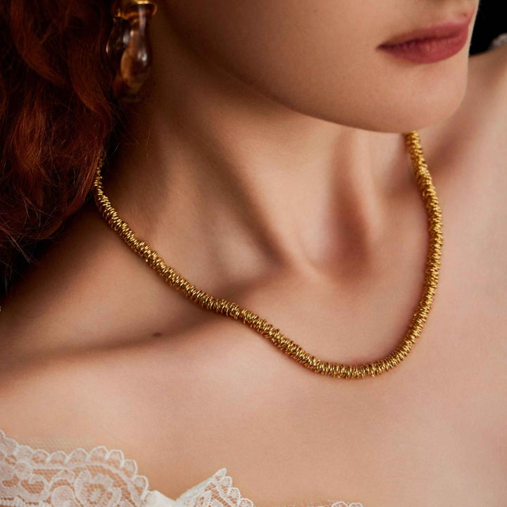 besutiful woman wearing Mystical Halo chunky golden necklace-Gold Vermeil-Copper+18k Yellow Gold Vermeil