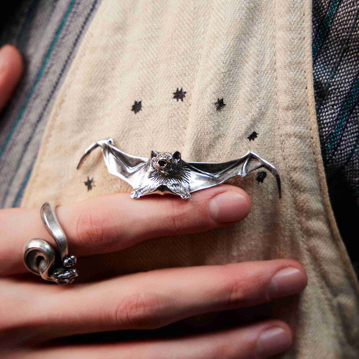 man wearing Rebirth bat Brooch-Silver-plated-Shesamore jewelry  