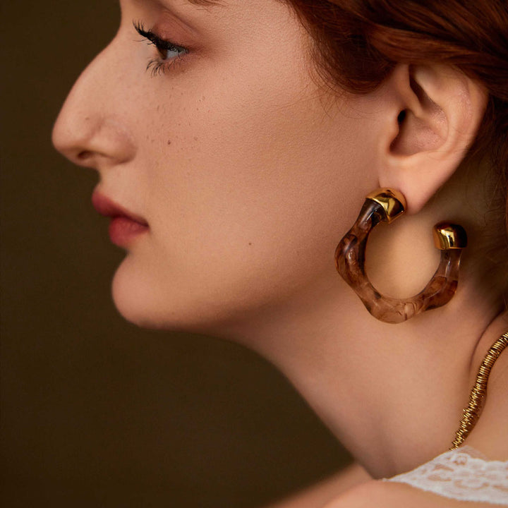 besutiful woman wearing Romantic Rome resin earrings-Copper+18k Yellow Gold Vermeil+Resin-Gold Vermeil-  Shesamore jewelry 