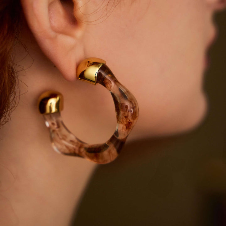 besutiful woman wearing Romantic Rome resin earrings-Copper+18k Yellow Gold Vermeil+Resin-Gold Vermeil-  Shesamore jewelry 