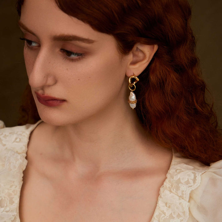 besutiful woman wearing Shakespeare's Envision gold-plated pearl earrings-Copper+18k Yellow Gold Vermeil+Multicolored Baroque Gemstones-Gold Vermeil-Shesamore jewelry