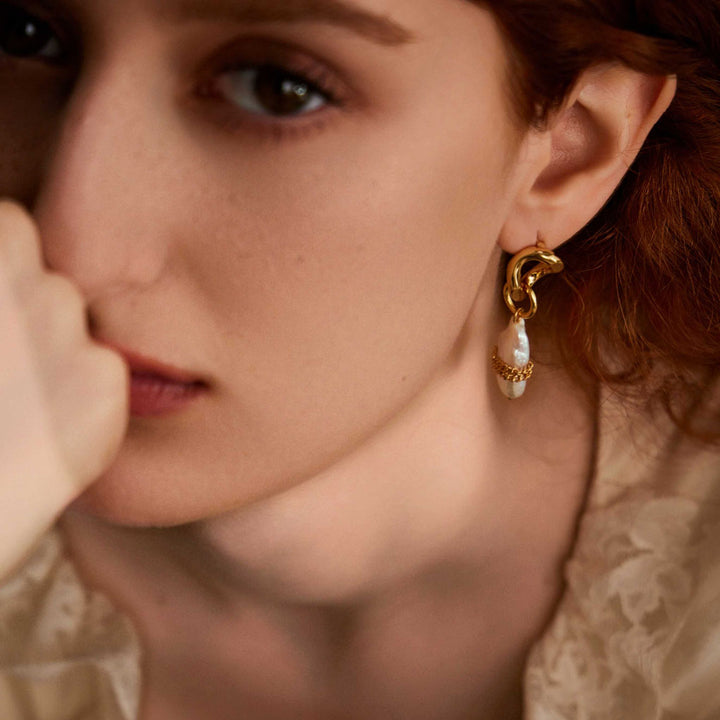 besutiful woman wearing Shakespeare's Envision gold-plated pearl earrings-Copper+18k Yellow Gold Vermeil+Multicolored Baroque Gemstones-Gold Vermeil-Shesamore jewelry