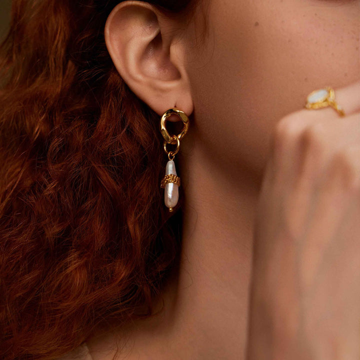 besutiful woman wearing Shakespeare's Envision gold-plated pearl earrings-Copper+18k Yellow Gold Vermeil+Multicolored Baroque Gemstones-Gold Vermeil-Shesamore jewelry