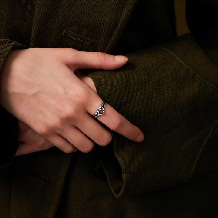 besutiful woman wearing The Cupid Ring sliver ring-Antiqued Silver-Shesamore jewelry  