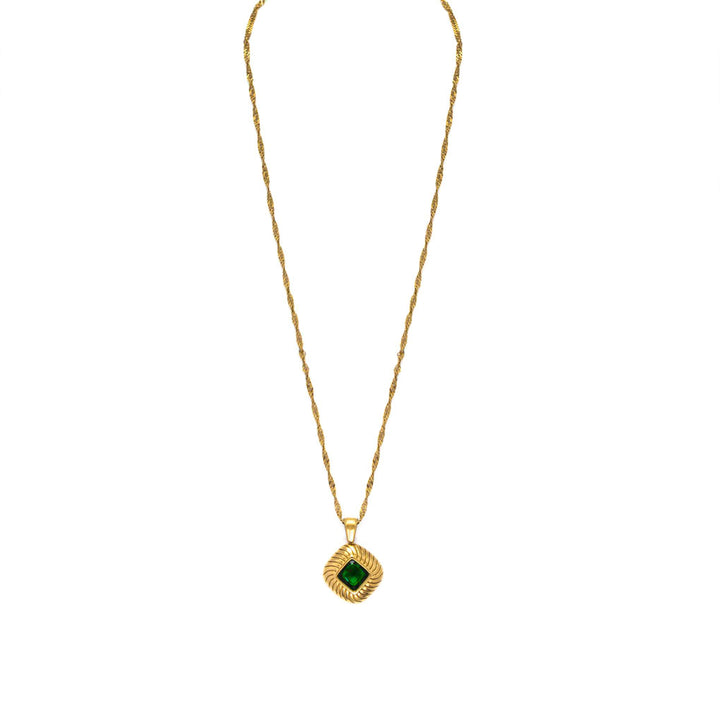 besutiful woman wearing The Green Light gemstone necklace-Gold Vermeil-Gemstones-Cubic Zirconia-Shesamore jewelry-detail