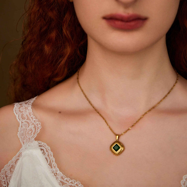   besutiful woman wearing The Green Light gemstone necklace-Gold Vermeil-Gemstones-Cubic Zirconia-Shesamore jewelry 