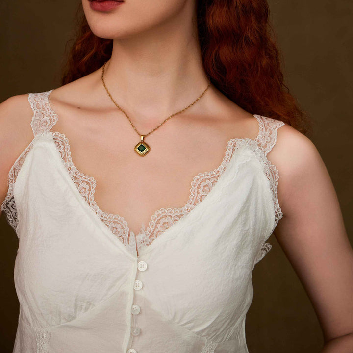   besutiful woman wearing The Green Light gemstone necklace-Gold Vermeil-Gemstones-Cubic Zirconia-Shesamore jewelry 