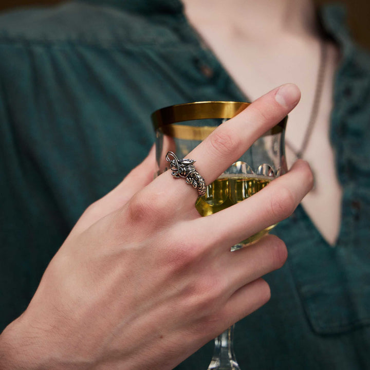 man wearing The Qi of the Dragon sliver ring-Silver-ring-Shesamore jewelry -Dragon ring