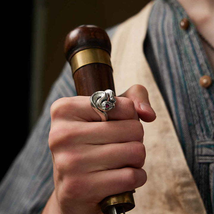 wearing a ring on the finger-The Staff of the Gods sliver ring-snake ring-sliver ring- jewelry -Shesamore