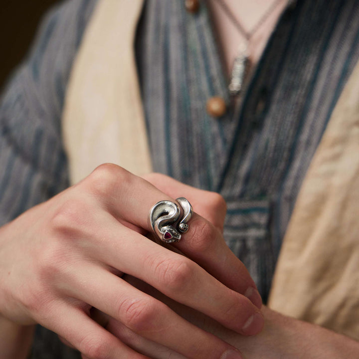 wearing a ring on the finger-The Staff of the Gods sliver ring-snake ring-sliver ring- jewelry -Shesamore