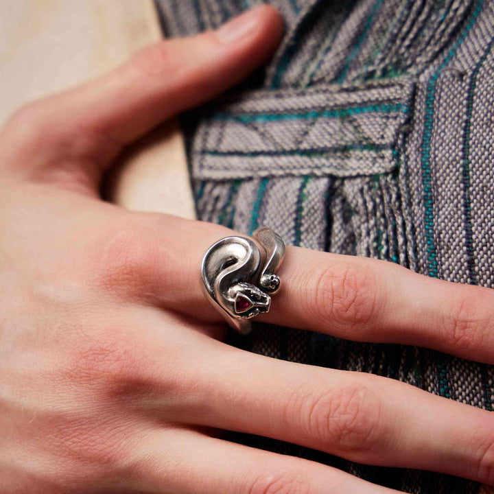 wearing a ring on the finger-The Staff of the Gods sliver ring-snake ring-sliver ring- jewelry -Shesamore