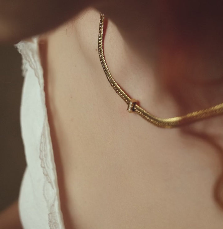 beautiful woman wearing Mystical Guardian gemstone herringbone chain-Gold Vermeil-Copper+18k Yellow Gold Vermeil+Cubic Zirconia-Shesamore jewelry   video