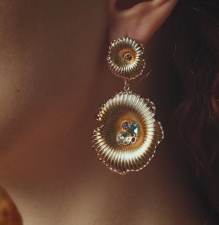 beautiful woman wearing Blooms of Paradise stone earrings-Gemstones-Cubic Zirconia-Gold Vermeil-Kaleidoscopic-Shesamore-jewelry   