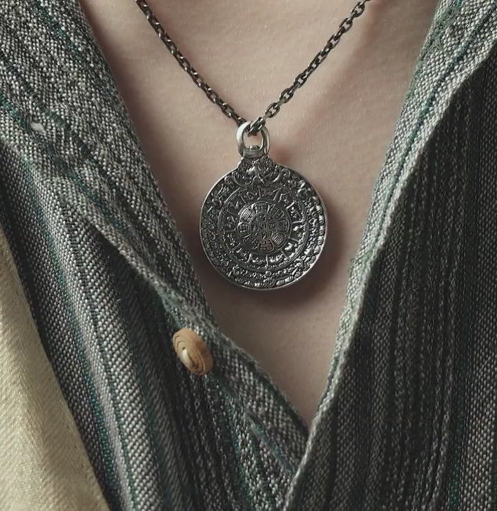 man wearing The Twelve Guardians necklace charm-Silver-Antique-pendant-Shesamore-jewelry 